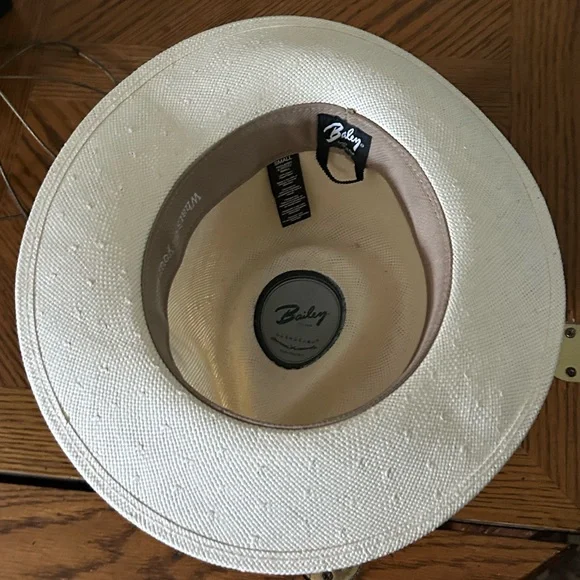 Vintage BAILEY OF HOLLYWOOD Cream Straw Fedora with Black Band and Feather bailey straw hat products for sale | eBay main image 4